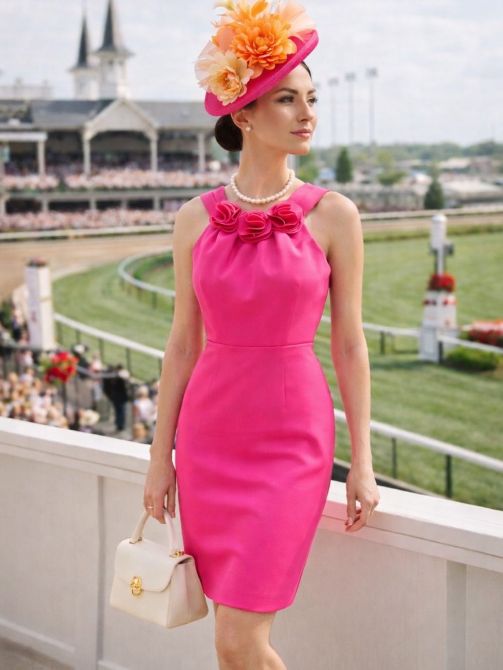 Hot Pink Sleeveless Sheath Dress with Rosette Neckline Kentucky Derby 🐎